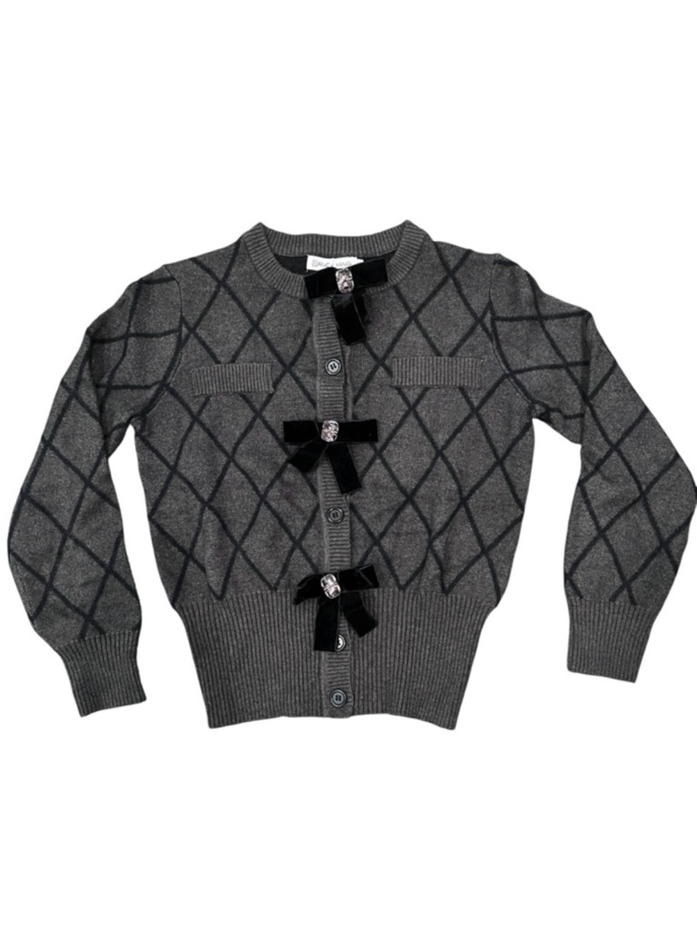 Nancy Yang Diamond Knit Cardigan Velvet Bow Jewel Button Sweater Gray Small NWT